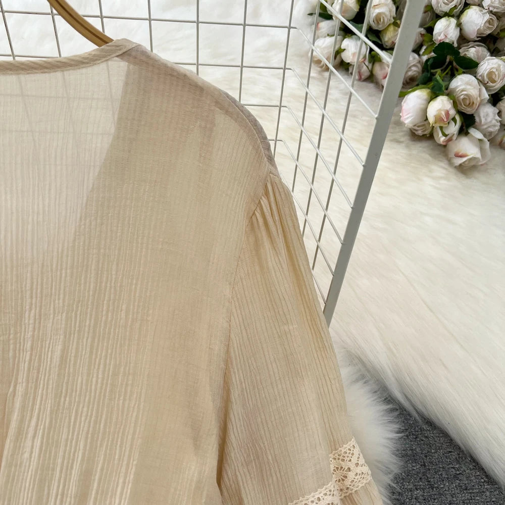 Hnewly  Tassel Patchwork V-neck Vacation Dress Sweet Lantern Sleeves Loose Mid Length A-line Dresses Elegant Embroidery Beach Vestido