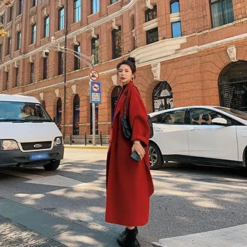 Hnewly New Large Size Hepburn Style Red Woolen Coat for Women Autumn and Winter Fat Mm Loose Long Thick Woolen Coat