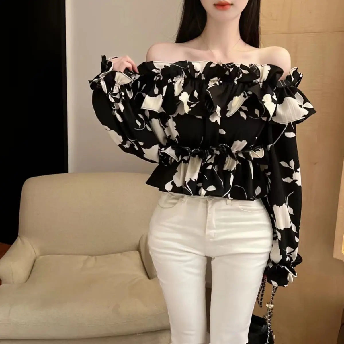 Hnewly Blouses Women New Arrival Spring French Style Slash Neck Ruffles Floral All-match Ladies Sexy Sweet Ins College Skinny Clothing