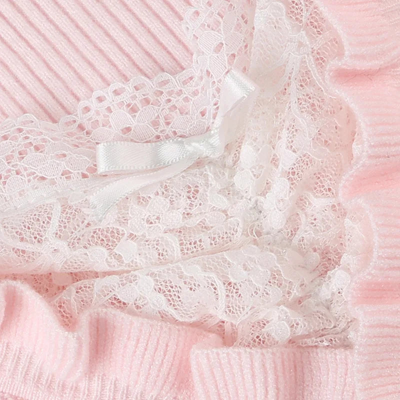 Hnewly Fairycore Clothing Top y2k Women Ruffle Lace Patchwork Long Sleeve Knitted T Shirt 2000s Coquette Clothes Streetwear