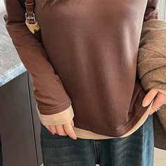 Hnewly  Casual Patchwork Long Sleeve T-Shirts Women Faux Two Pieces Pullovers Woman Autumn Crew Neck Bottoming Shirts Ladies