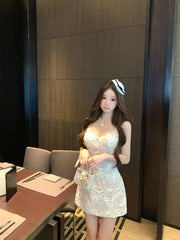Hnewly  Woman Dress Lace Patchwork Sleeveless Halter Backless Slim Sweet Party Mini Dresses Elegant Female Fashion Casual
