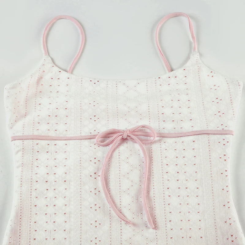Hnewly Sweet Contrast Pink Camisole Cute Coquette Lace-up Bow Patchwork Cropped Top Summer Casual y2k Skinny Tee Fairycore Women
