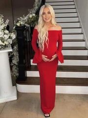 Hnewly  Elegant Maternity Off Shoulder Bell Sleeve Maxi Dress Pregnancy Photoshoot Outfit Maternity Photography Gown for Pregnant Women