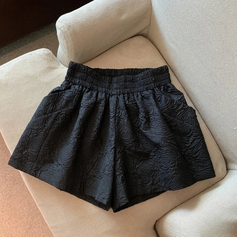 Hnewly  Black White Jacquard Shorts Women 2025 Summer Elastic High Waist Pockets Wide Leg Shorts Woman Loose Streetwear Half Pants