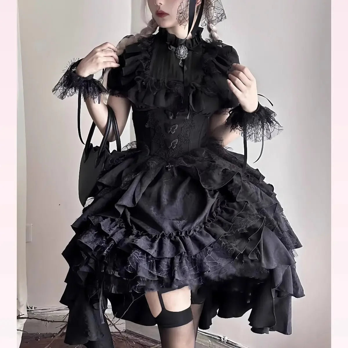 Hnewly  Gothic Lolita Stand Collar Bubble Short Sleeved Lace Shirt High Waist Slim Irregular Multi-layer Midi Skirt Two-piece Set