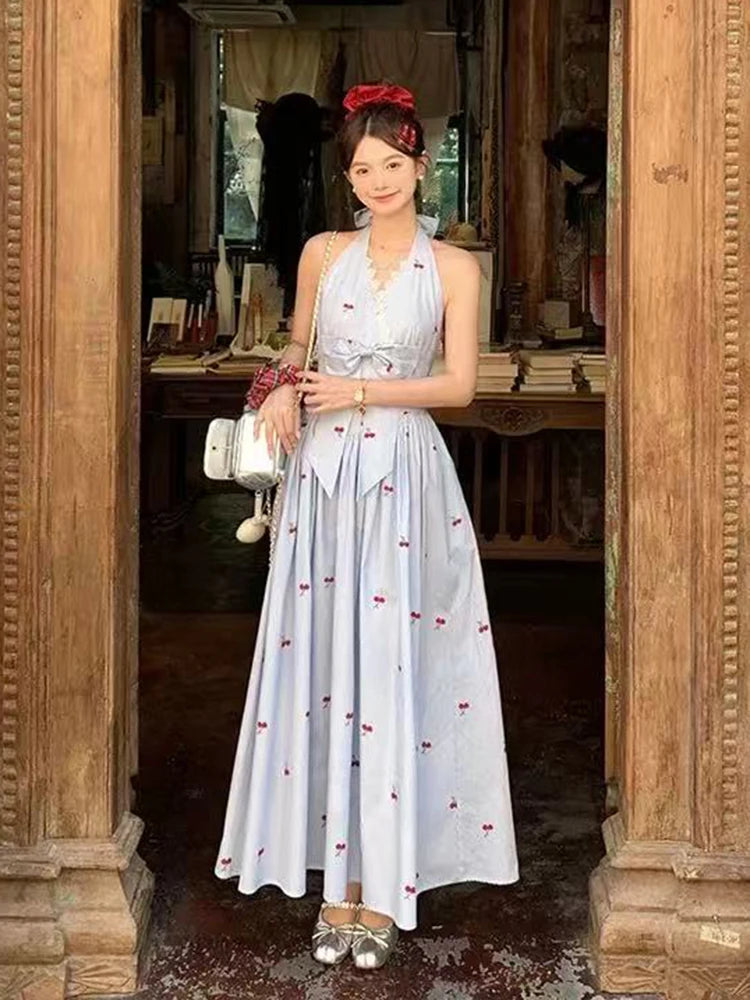Hnewly Stripe Print Halter Neck Dress Women Summer Sexy Backless Bow Female Midi Dress Y2K Sweet Lace Patchwork Midi Vestidos Mujer