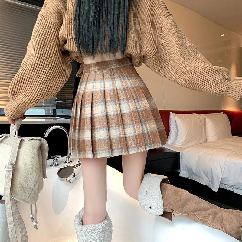 Hnewly Preppy Style Winter Plaid Vintage Pleated Mini Wool Skirt For Women High Waist Thicken Casual School Cute Short Skirt Female