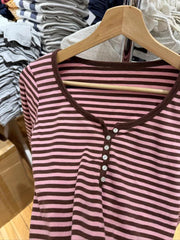 Hnewly  Pink Brown Striped Long Sleeve T-shirt Woman Spring Six Buttons O-Neck Cotton Slim Tee Sweet Preppy Style Fashion Tshirt Y2k Top
