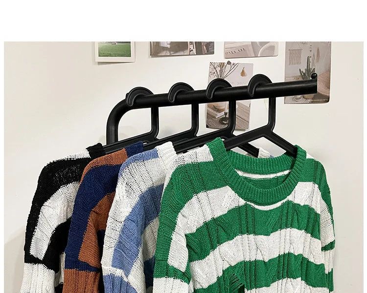 Hnewly  Women Striped Retro Knitted Sweater Spring Autumn Loose Versatile Pullover Casual Fashion Holes Round Neck Long Sleeved Top