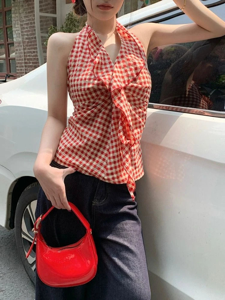 Hnewly  Camis Women Plaid Sleeveless Halter Ruffles Bandage Backless Slim Vintage Sweet Casual Sexy Tank Tops Female Summer