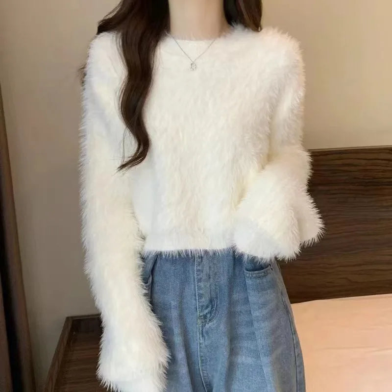 Hnewly  Women's Fuzzy Knitt Top Long Sleeve Mock Neck Fluffy Sweater Pullovers Cozy Plain Jumper Teen-girl Fall Winter Y2K Outfit
