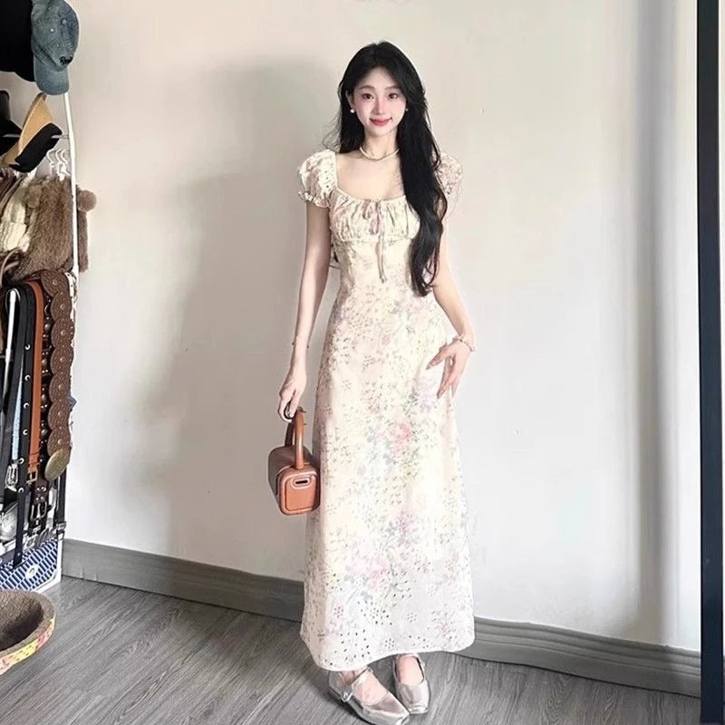 Hnewly  Women Dress Puff Short Sleeve Floral Printed Square Collar Summer Fashion Bandage Sweet Elegant Female Dresses Casual