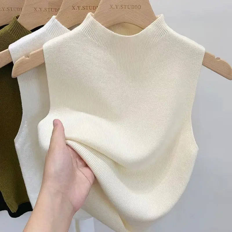 Hnewly White Knitted Camisole Sleeveless Vest For Women Spring Summer Half High Neck Short   Basic Bottom Top Korean Version Trendy Tee