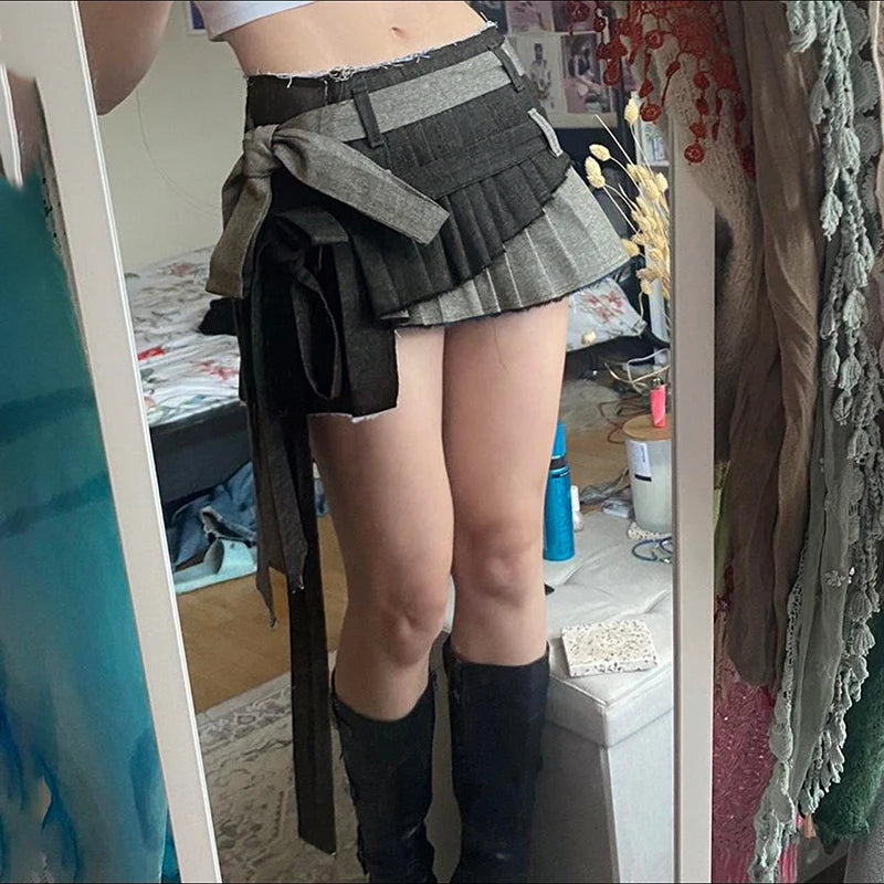 Hnewly DRESS TO IMPRESS Y2K Women Double Belt Patch Asymmetrical Denim Skirt Grunge Street Girly Hotsweet Lace-up A-line Skirt Korean Style