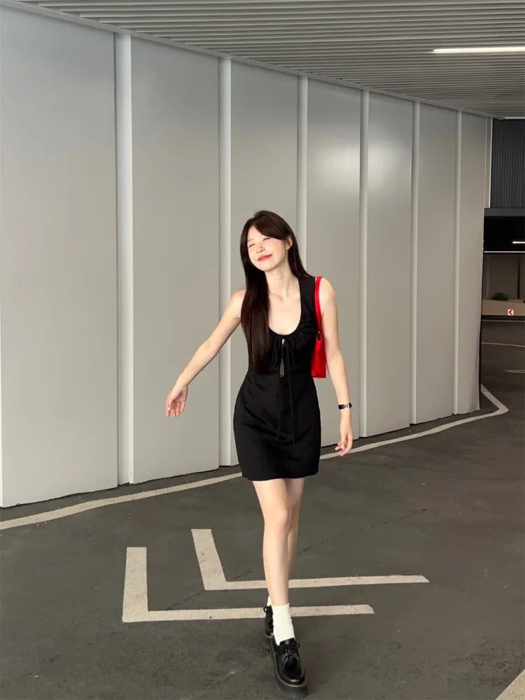 Hnewly   Woman Dress Fashion Summer Hollow Out Sexy Sweet Sleeveless Bandage Solid Slim Elegant Party Mini Dresses Female Casual