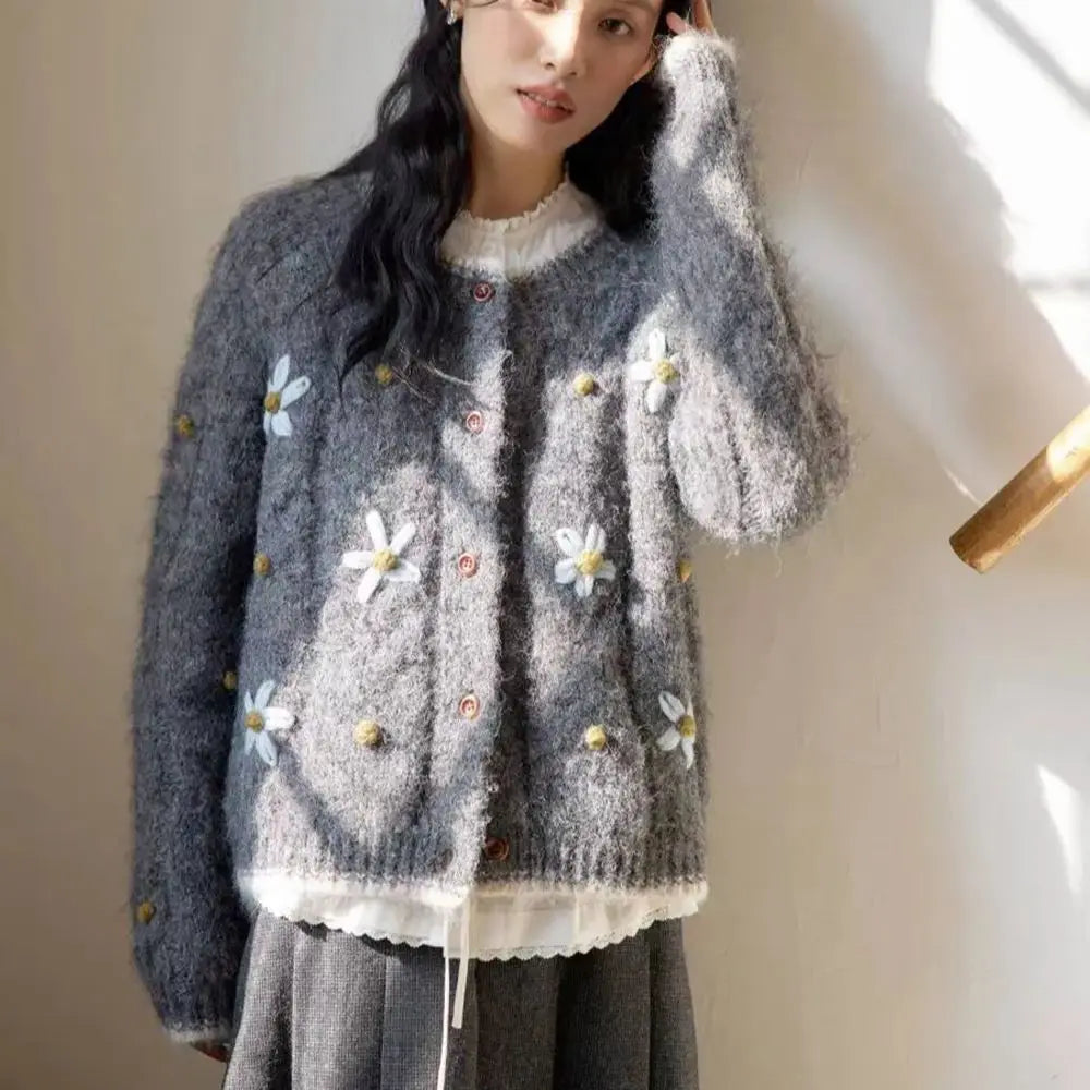 Hnewly  Flower Embroidery Knitted Sweater Cardigan 2025 Spring Autumn Soft Single-breasted Top Women Korean Style Loose Long Sleeve Coat