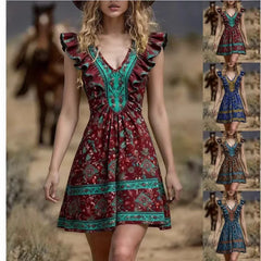 Lunivop  Vintage Chic Fashion Women Hippie Floral Print V-neck Bohemian Mini Dress Ladies Short Sleeve Summer Beach Wrap Boho Dresses