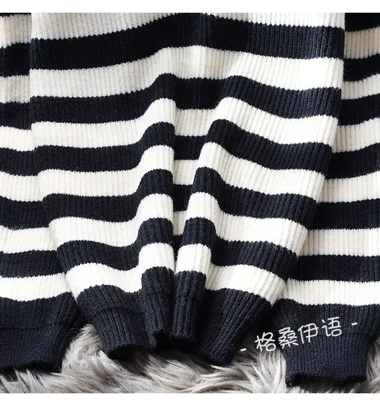 Hnewly  Half Zipper Stripe Pullover Sweater  Women Loose Knitted Base Shirt  2025 Spring /Autumn Japanese Style Long Sleeve Pullover Top