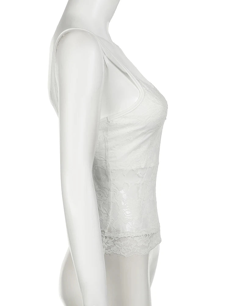Hnewly Sexy Slim Lace Camis Top See Through Solid Slash Neck Sleeveless Tank Tops Women 2024 Summer Fashion Streetwear Ladies