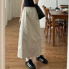 Hnewly  American Retro Cargo Skirt for Women Summer Drawstring Design High Waist Mid-Length Skirt Woman Y2K Streetwear Pocket Skirts