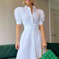 Hnewly  New Womens Summer Shirt Dress with Belt  White Green Short Sleeve Eelegant Long Dresses Clothing for Woman