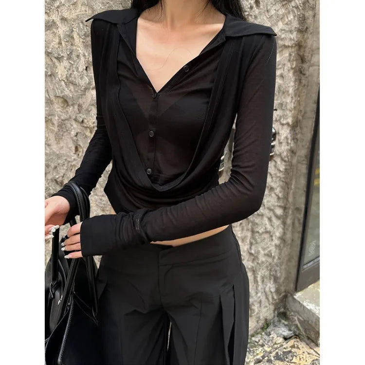 Hnewly  Y2k Fake Two Piece V-neck All-match Shirts Women See Through Mesh Black Blusas Mujer 2025 Spring New Bottoming T-shirts
