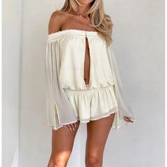 Hnewly  Women Summer Off Shoulder Chiffon Romper Long Sleeve Keyhole Front Lace Trim Flowy Y2k Short Jumpsuit Vacation Outfit