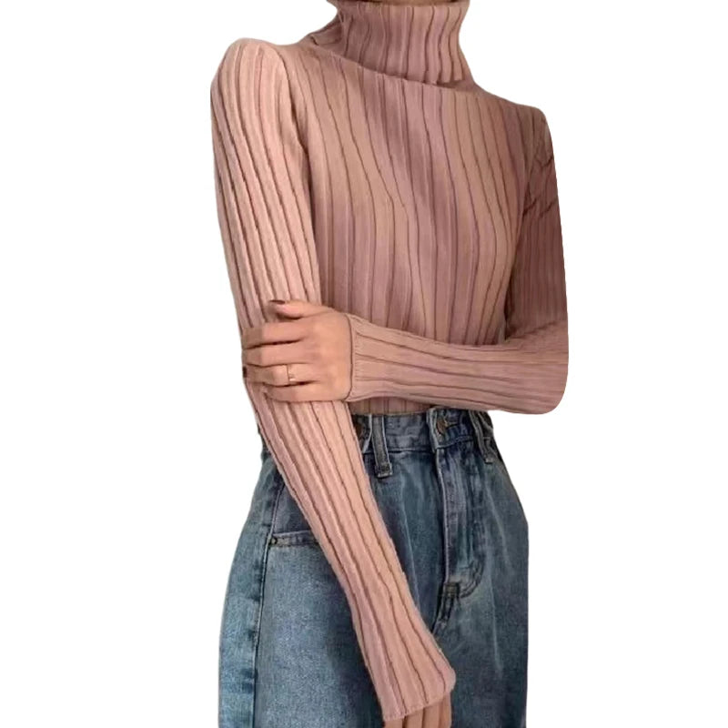 Hnewly Ribbed Sweater Women Clothes Solid Color Turtleneck Lettuce Trim Long Sleeve Pullover Winter Fall Clothing Streetwear