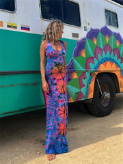 Hnewly  Women Summer Casual Long Dress Tie-Dye Print U-Neck Sleeveless Dress  Fashion Cross Backless Dresses Bohemian Holiday Beach