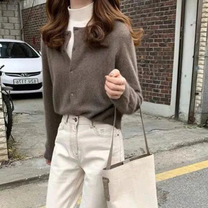 Hnewly Cold Weather Outfits Fall Solid Color Knitted Cardigan Women Korean Single Breasted Long Sleeve Jumper Woman Round Neck All Match Sweater Outwear Top
