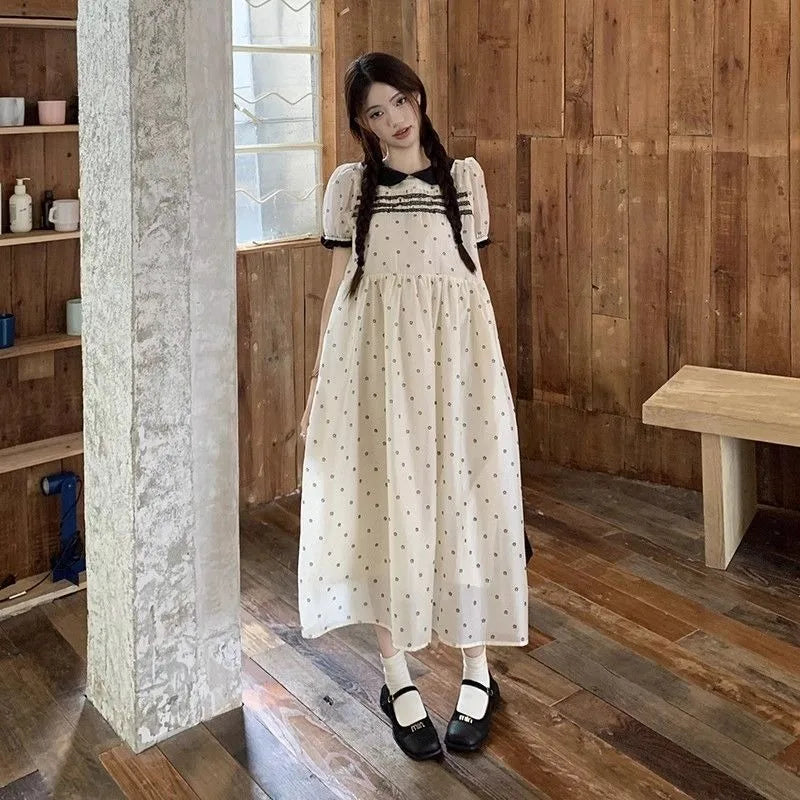 Hnewly  Women Dresses Women Lace Patchwork Peter Pan Collar Polka Dot Puff Short Sleeve Summer Fashion Sweet Elegant Dress