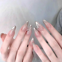 Hnewly 24Pcs Cat Eye Press on Nails with Almond Head Bow Diamond Stick on False Nail Sweet Pink French Full Cover Artificial Nails Tips