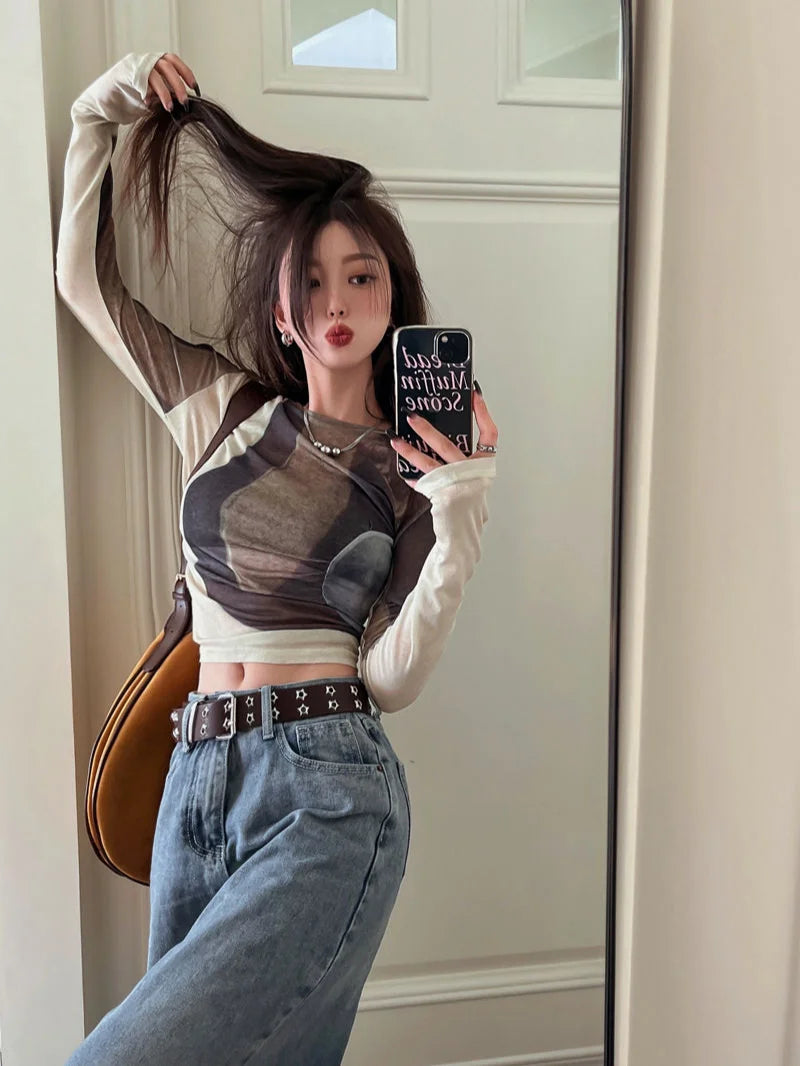 Hnewly  Top Female Tie Dye Spring Autumn Slim Women's Long Sleeve T-shirt Sexy Crop Y2k Fashion Korea Goth Cheap Clothing Sales Clothes