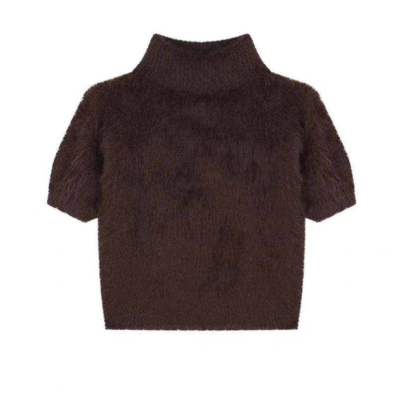 Hnewly  Women's Soft Furry Cropped Sweater Short Sleeve Turtleneck Furry Shaggy Jumpers Fuzzy Knitwear Slim Y2k Pullover Tops