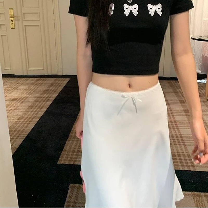 Hnewly Elegant White Women Satin Skirt Fairycore Ruffle Mid Skirts Coquette A-line Basic Casual Korean Style Summer Silk Skirt