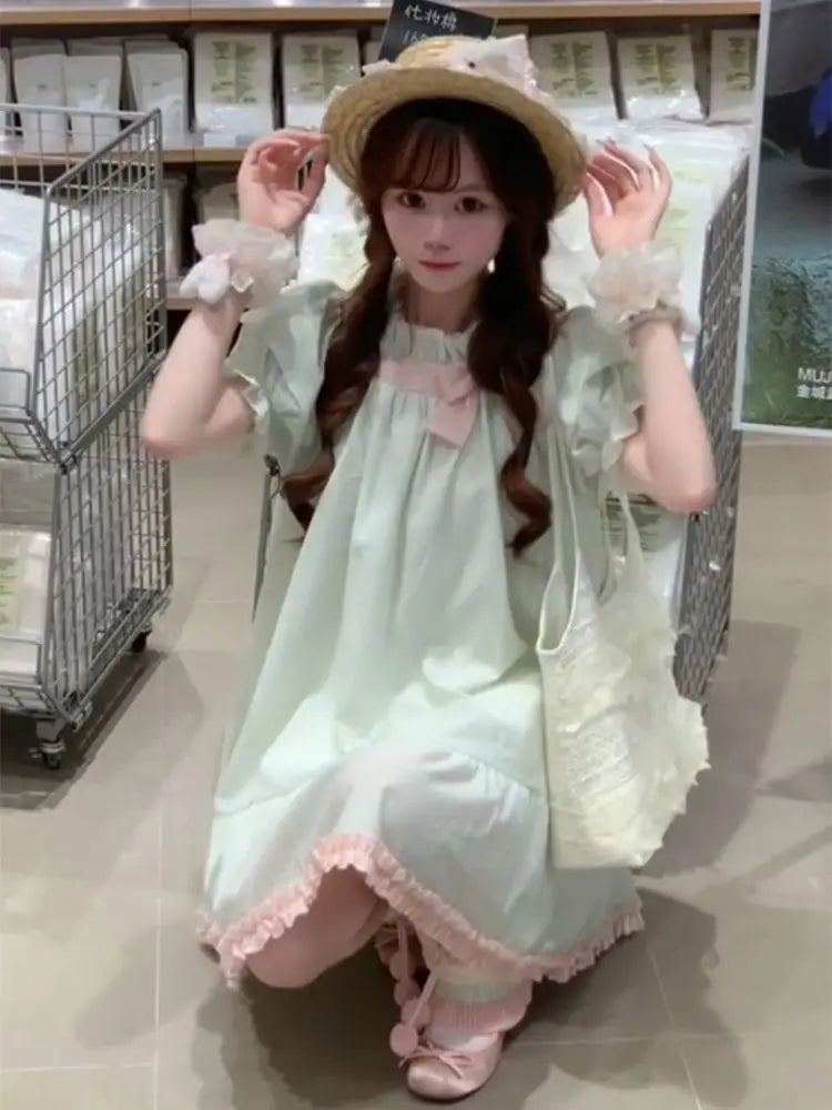 Hnewly  Mini Dresses Women Sweet Bow Ruffles Patchwork Puff Short Sleeve Summer Fashion Casual Party Dress Princess Casual