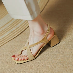 Hnewly  Summer New Casual Fashion Square Toe Thick Heel Open Toe Buckle Solid Color Comfortable Sexy Banquet Women's Shoes