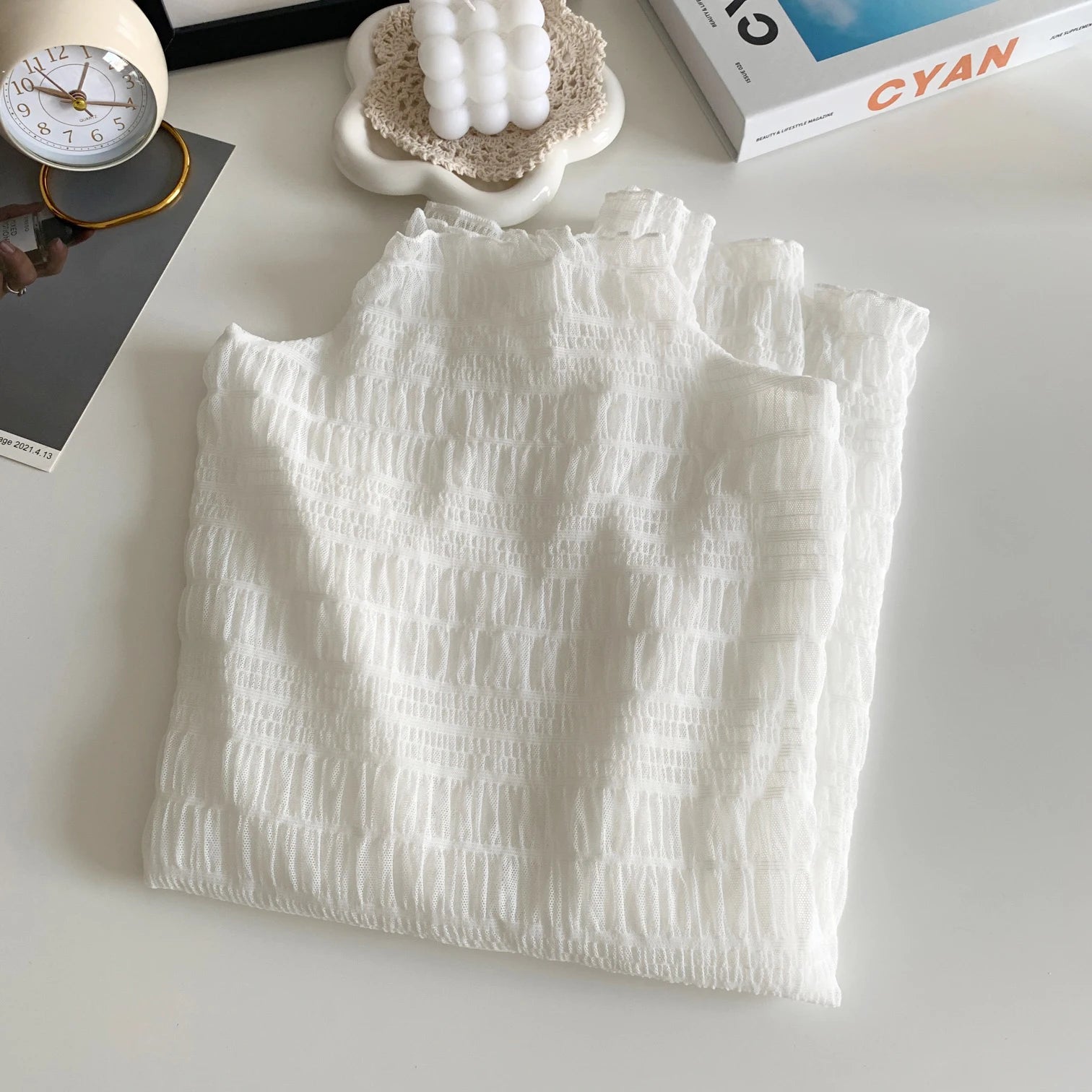 Hnewly Women T-Shirts Vintage Pleat Long SleeveTop Spring Autumn Mesh Fabric Lace Half Turtleneck Korean Fashion All-match Shirt