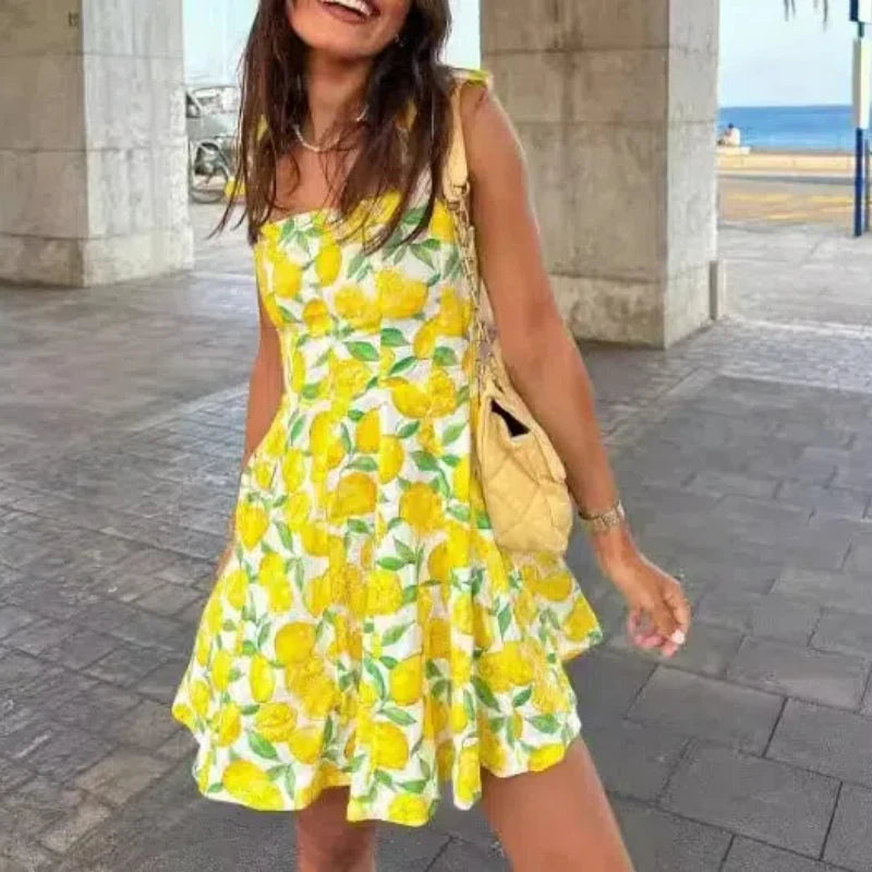 Hnewly  Summer Women's Pullover Sleeveless Camisole Plant&Flowers Printing Contrast Color Flattering Mini Skirts A-Line Beach Dresses