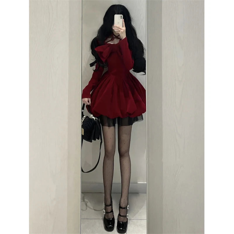 Hnewly Vintage Bow Mini Dress Women Y2K Sexy Slash Neck Red Velvet Dresses Winter Kawaii Christmas Party Bodycon A Line Vestidos