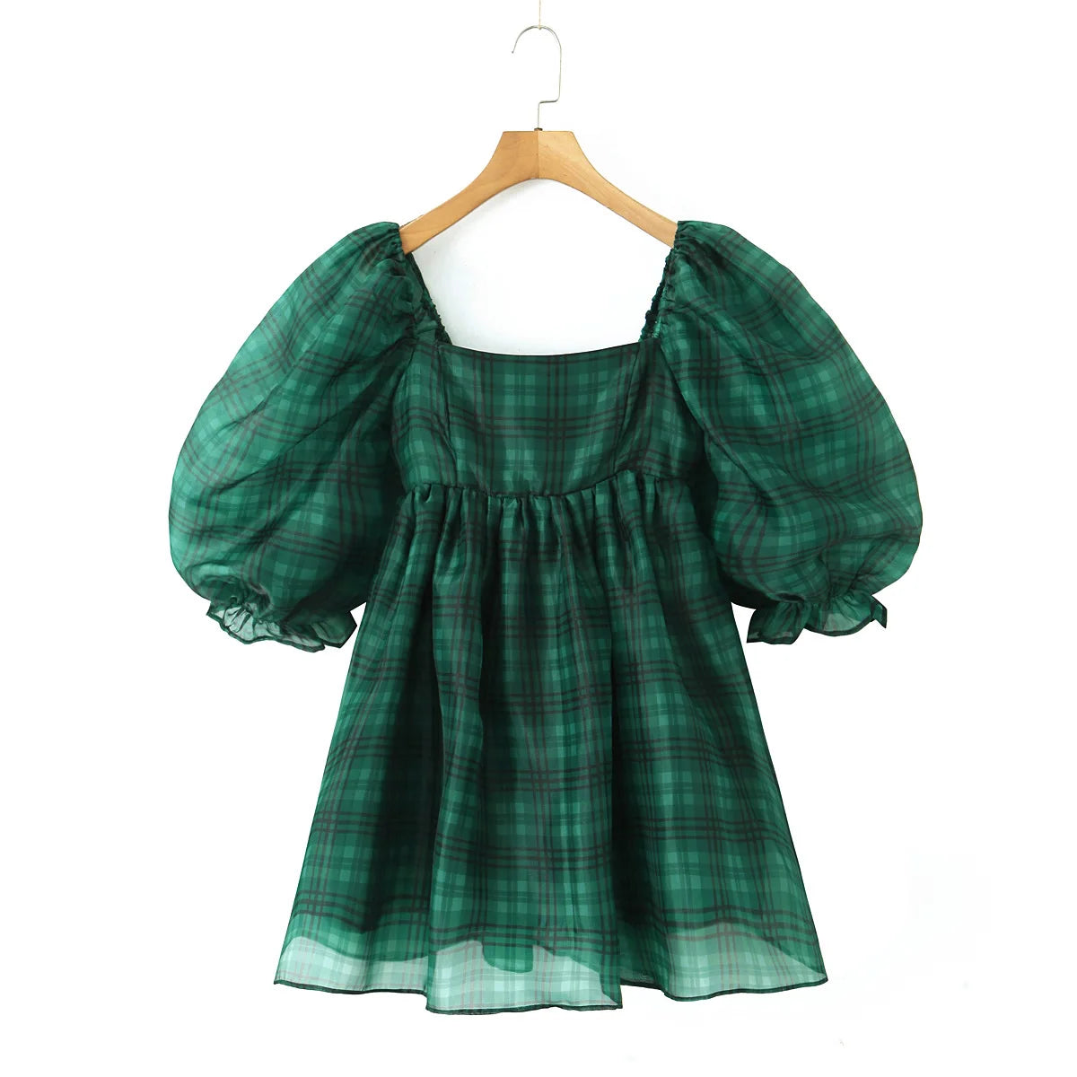 Hnewly  Sweet Green Gingham Plaid Organza Ball Gown Dress Puff Sleeve Retro Women Swing Short Princess Robe Fairy Cake Vestidos