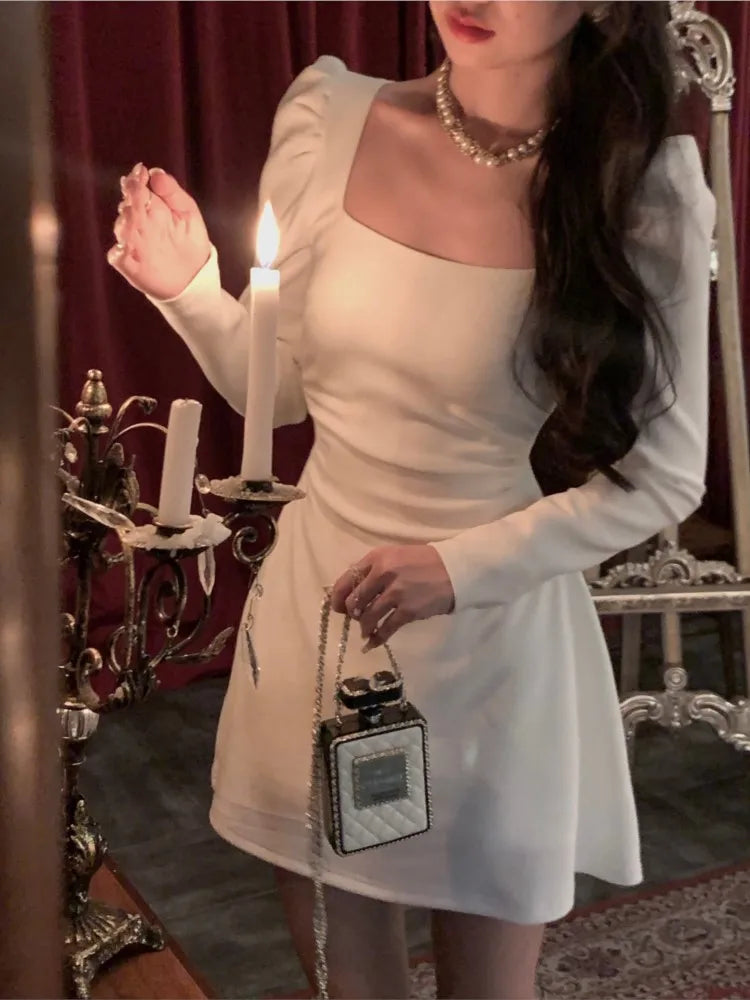 Hnewly Spring New Elegant Square Collar Midi Party Dress  For Women Long Sleeve Black White Slim Vestidos Female Clothes