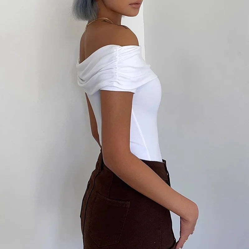 Hnewly Black Off Shoulder Elegant Short Tops Side Pleated Fashion Slim Sexy Cropped T Shirt Women Summer Y2k Clothing Skinny Top