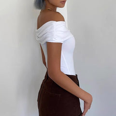 Hnewly Black Off Shoulder Elegant Short Tops Side Pleated Fashion Slim Sexy Cropped T Shirt Women Summer Y2k Clothing Skinny Top