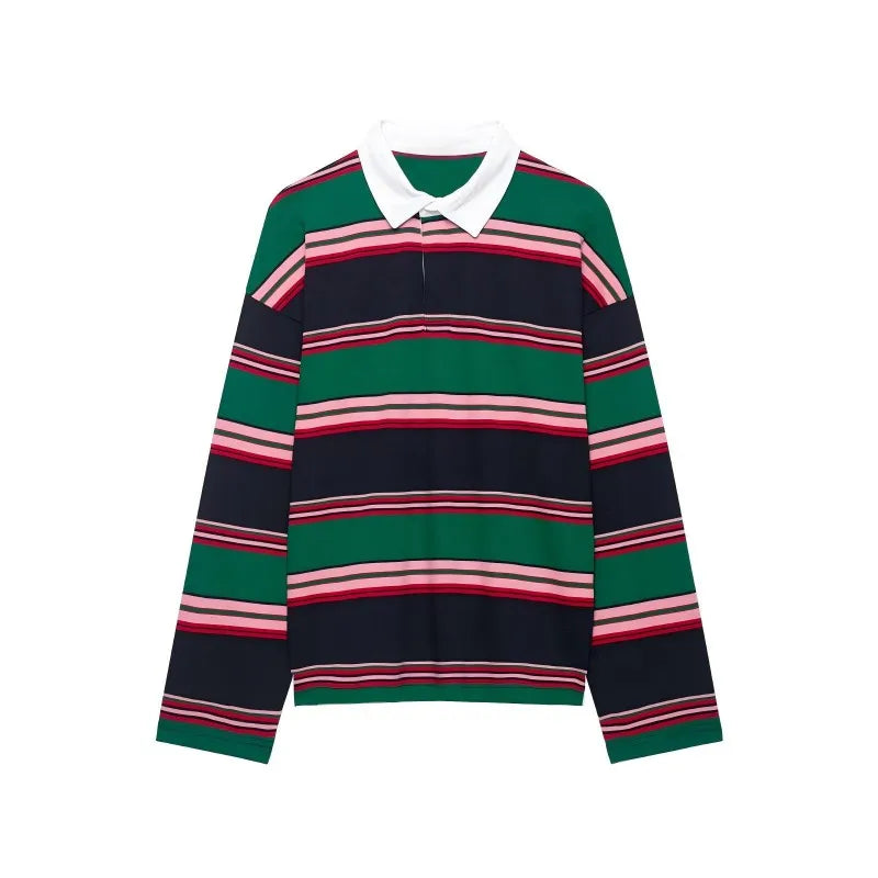 Hnewly  Women's Striped Long Sleeve Polo Shirt, Retro Colorblock Pullover, Casual Stripe Knit Blouse