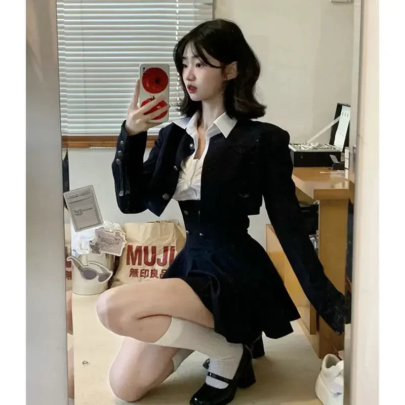 Hnewly spring birthday outfit Preppy Style Vintage Fashion Suit Woman White Shirt + Short Coat High Waist Slim Y2k Mini Dress Japanese Elegant Set 2025 Chic