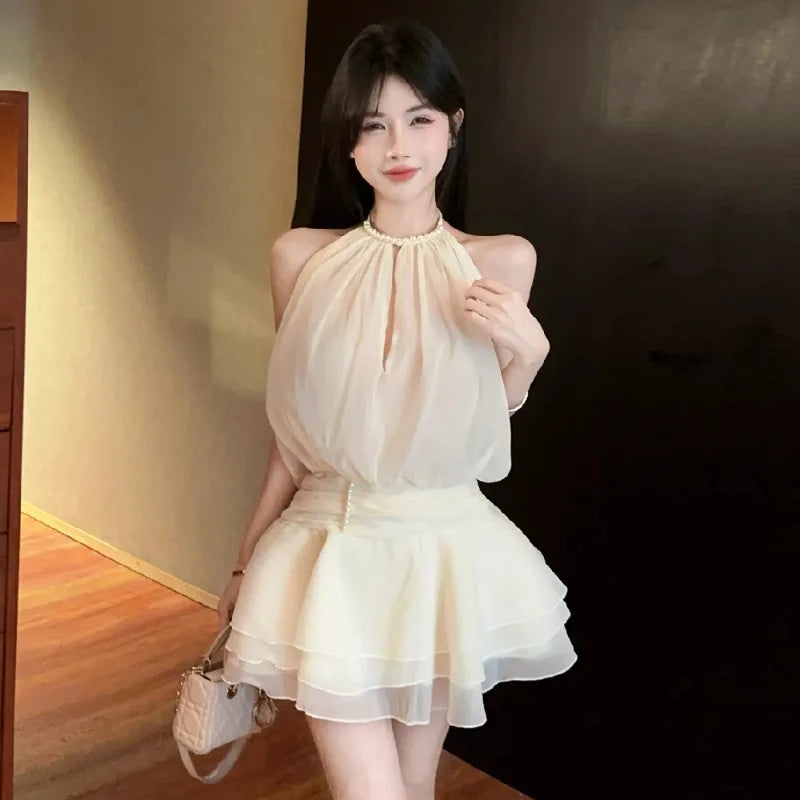 Hnewly  Mini Dresses Women Pearl Halter Sleeveless Bandage Slim Backless Hollow Out Sweet Elegant Party Dress Female Casual