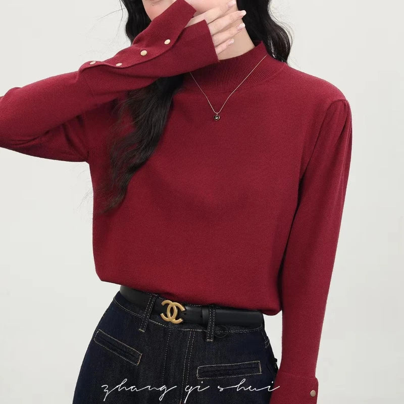 Hnewly  Mock Neck Knit Sweater for Women Long Sleeve Buttoned Cuff Fitted Pullover Plain Knit Top Jumper Fall Winter Basic Outfit