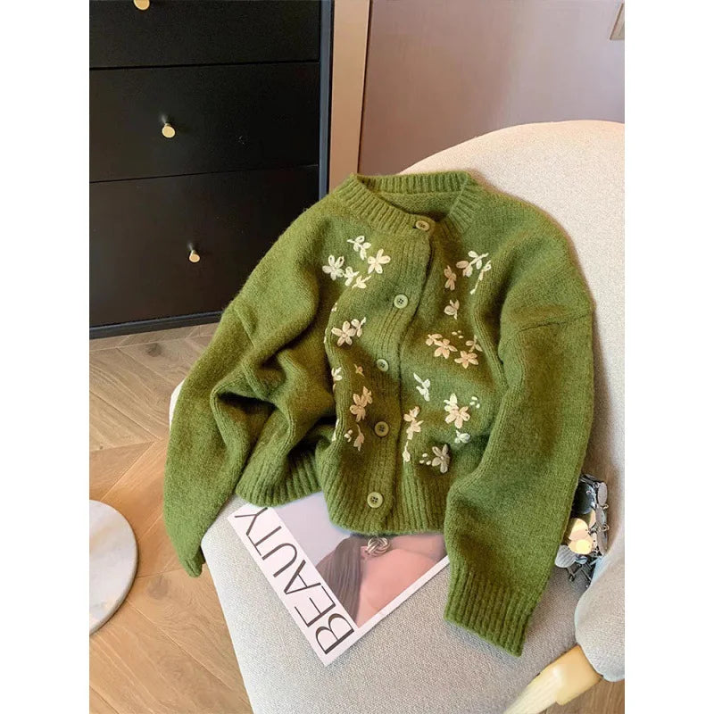 Hnewly  Green Crochet Knitted Sweater Women's Retro Soft  Embroidery Loose Long Sleeved Jacket Round Neck Single Breasted Cardigan Top